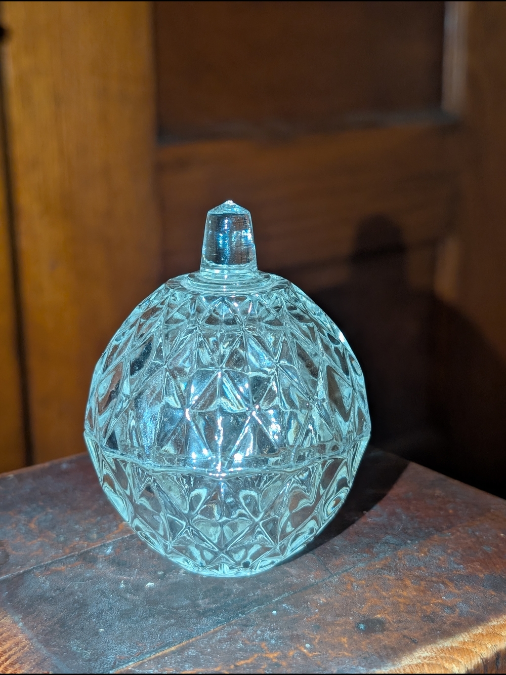 Vintage Pressed Glass Apple Shape Trinket Box Ring Dish With Lid Diamond Pattern
